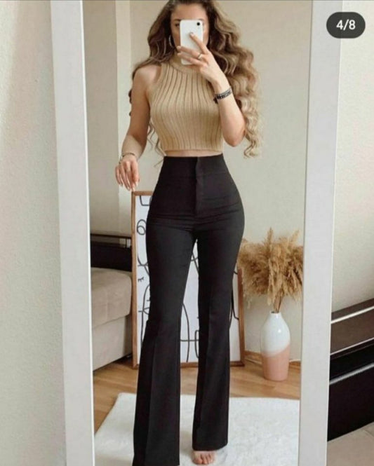 Kadın Yüksek Bel Ispanyol Paça Atlas Kumaş Pantolon