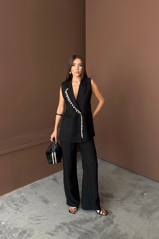 YAKA MİDYE KABUĞU SIRALI YELEK - PANTOLON TAKIM KETEN KUMAŞ - Siyah