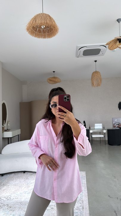 Kadın Flamlı Keten Tek Cep Oversızed Gömlek