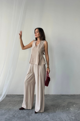 V YAKA KOLSUZ BLUZ - PANTOLON TAKIM MODAL KUMAŞ - Siyah