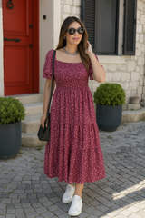 Kadın Kısa Kollu Gipe Detaylı Desenli Midi Süprem Elbise