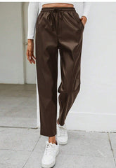 Kadın Yüksel Bel Bağcıklı Deri Pantolon