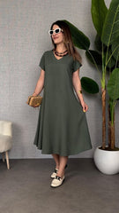 Kadın Kısa Kollu V Yaka Salaş Maxi Boy Elbise