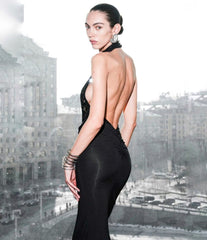 Kitap Okuyalım Mı Kitap Getir Kadın Halter Yaka Fantel Transparan Ve Sırt Dekoltesi Detay Maxi Boy Elbise