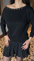 Kadın Uzun Kollu Kayık Yaka Kuş Gözü Detay Bluz