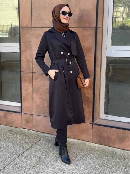 Kadın Uzun Kollu Yakalı önden Düğmeli Beli Kuşaklı Midi Gabardin Trençkot