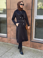 Kadın Uzun Kollu Yakalı önden Düğmeli Beli Kuşaklı Midi Gabardin Trençkot