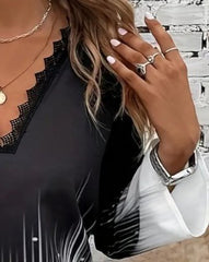 Kadın Uzun Kollu V Dantel Yaka Desenli Modal Bluz