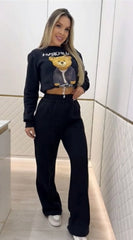 Kadın Uzun Kollu Bisiklet Yaka Desenli Iki Iplik şardonlu Bluz Ve Pantolon Ikili Takım