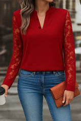 Kadın Uzun Kollu Yaka Düğme Detay Güpürlü Kol Krep Bluz