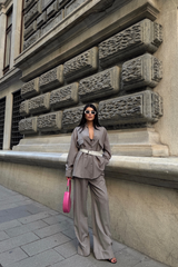 ÇİZGİLİ ARKA TASARIM  DETAYLI  GÖMLEK-PANTOLON TK - Gri