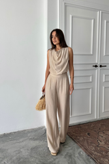 DEGAJE YAKA KOLSUZ BLUZ - PANTOLON TAKIM - Bej