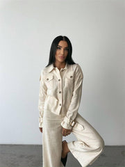 KETEN PÜSKÜL DETAYLI GÖMLEK-PANTOLON TAKIM - Ham