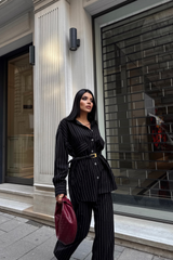 ÇİZGİLİ ARKA TASARIM  DETAYLI  GÖMLEK-PANTOLON TK - Gri