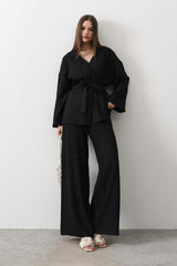 Beli Bağlamalı Tunik Ve Beli Bağlamalı Pantolon Takım - Siyah