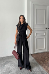 TENCEL MODAL KOLSUZ BLUZ KAPALI CEP DETAYLI DÖKÜMLÜ - PANTOLON TAKIM - Siyah