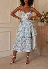 Kadın Sıfır Kol Askılı Dekolteli Yırtmaç Detay çiçek Baskılı Süprem Midi Elbise