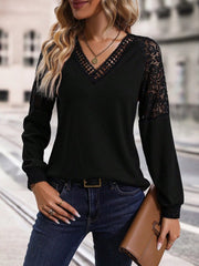 Kadın Uzun Kollu V Yakalı Dantelli Waffle Bluz