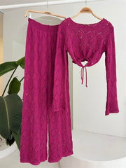 Göğüs Bağcık Detaylı Ajurlu Bluz Pantolon Takım 10098