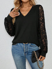 Kadın Uzun Kollu V Yakalı Dantelli Viskon Iki Iplik Bluz