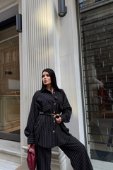 ÇİZGİLİ ARKA TASARIM  DETAYLI  GÖMLEK-PANTOLON TK - Gri