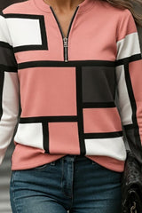 Kadın Uzun Kollu Yakadan Fermuarlı Desenli şardonlu Dalgıç Bluz