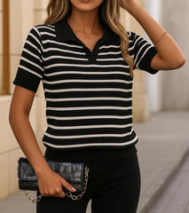 Kadın Kısa Kol Polo Yaka çizgi Desen Triko Bluz