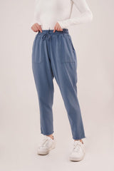 Bağlama Detaylı Cepli Mavi Pantolon