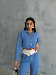 KETEN GÖMLEK-CROP-SALAŞ PANTOLON TAKIM - Mint