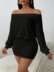 Kadın Uzun Kollu Madonna Yaka Yanlardan Büzgülü şardonlu Kaşkorse Mini Elbise