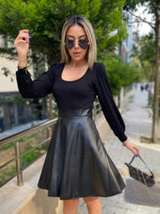 Kadın Uzun Kollu Kare Yaka üst Viskon Alt Deri Mini Elbise