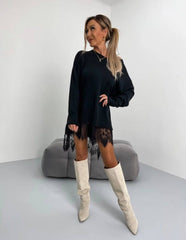 Kadın Uzun Kollu Kayık Yaka Peteği Dantel Güpür Detay 3 Iplik Kumaş Mini Elbise