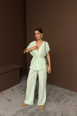 KETEN V YAKA BELDEN BAĞLAMALI BLUZ-PANTOLON TAKIM - Mavi