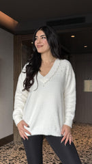 Kadın V Yaka Uzun Kollu Inci Detay Triko Bluz