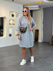 Kadın Uzun Kollu Kapüşon Ve Ribana Detay Diz üstü Elbise