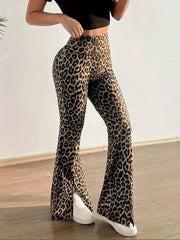 Kadın Yüksek Bel Leopar Desenli Yırtmaçlı Dalgıç Tayt