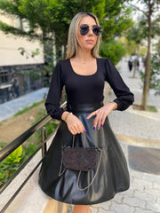 Kadın Uzun Kollu Kare Yaka üst Viskon Alt Deri Mini Elbise