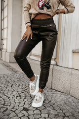 Kadın Yüksek Bel Lastikli Cepli Deri Pantolon