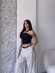 Kadın Toka Detay Halter Yaka Sandy Bluz
