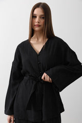 Beli Bağlamalı Tunik Ve Beli Bağlamalı Pantolon Takım - Siyah