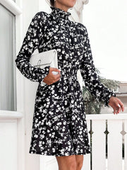 Kadın Uzun Kollu Balıkçı Yaka çiçek Baskılı Helen Kumaş Elbise