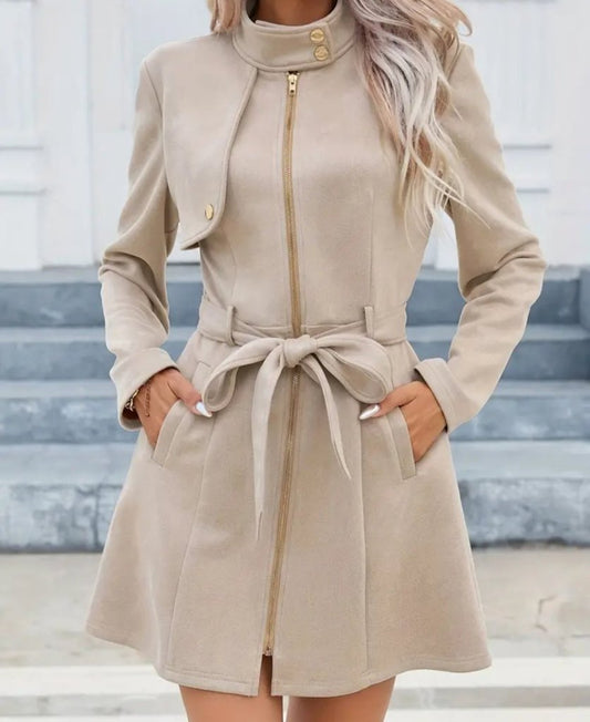 Kadın Uzun Kollu Boyundan Düğmeli Fermuarlı Beli Kuşaklı Süet Ceket
