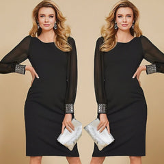 Kadın Uzun Kollu Bisiklet Yaka Kollar Tül Manşet Taş Işlemeli Krep Elbise