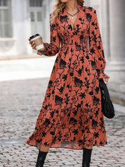 Kadın Uzun Kollu Kruvaze Yakalı çiçek Desenli Maksi Süprem Elbise