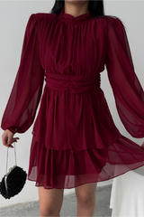 ŞİFON KATLI UZUN KOL ELBİSE - Pudra