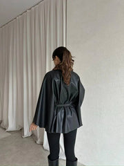 Kadın Uzun Kollu Leopar Yaka Detay Kuşak Dahil Deri Panço