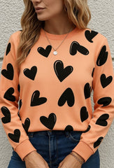 Kadın Uzun Kollu Bisiklet Yaka Kalp Desenli Iki Iplik Bluz
