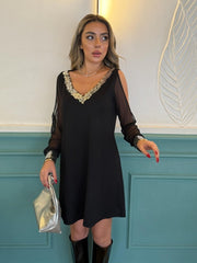 Kadın Uzun Kollu V Yaka Kollar Tül Yırtmaç Detay Kol Manşetleri Ve Yaka Payet Krep Elbise