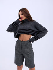 43241 TRİKO ÇİZGİLİ BALIKÇI CROP-SİYAH-EKRU