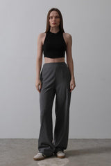 Beli Yarım Lastikli Palazzo Pantolon - Gri-Beyaz